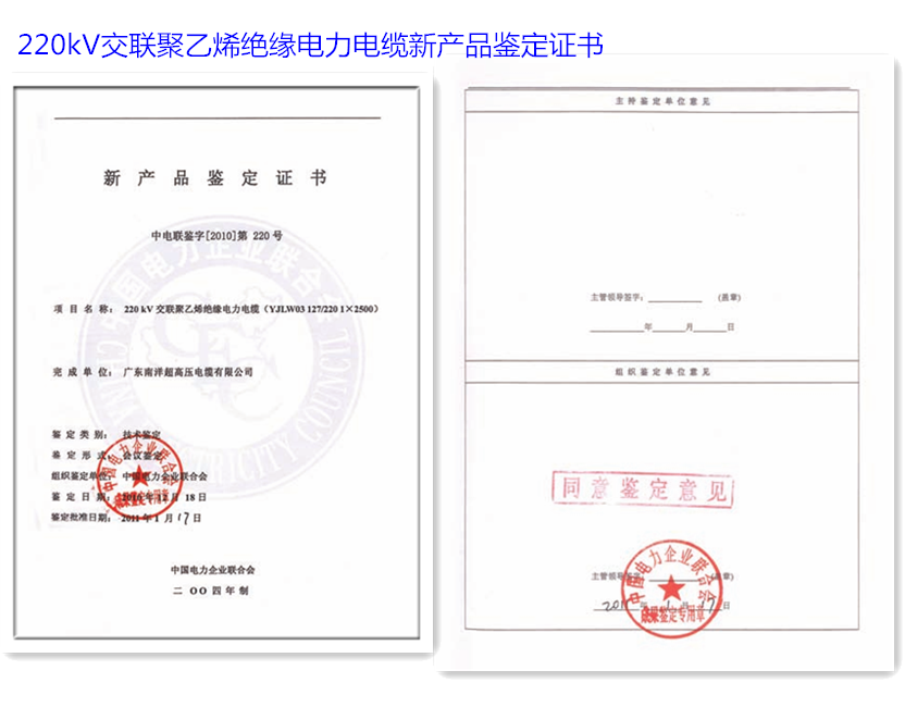 220kV交聯(lián)聚乙烯絕緣電力電纜新產(chǎn)品鑒定證書.png